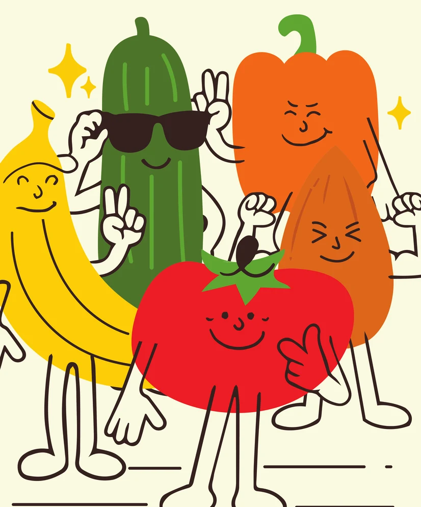 Les mascottes Fawakeh : banane, concombre, poivron, tomate et amande